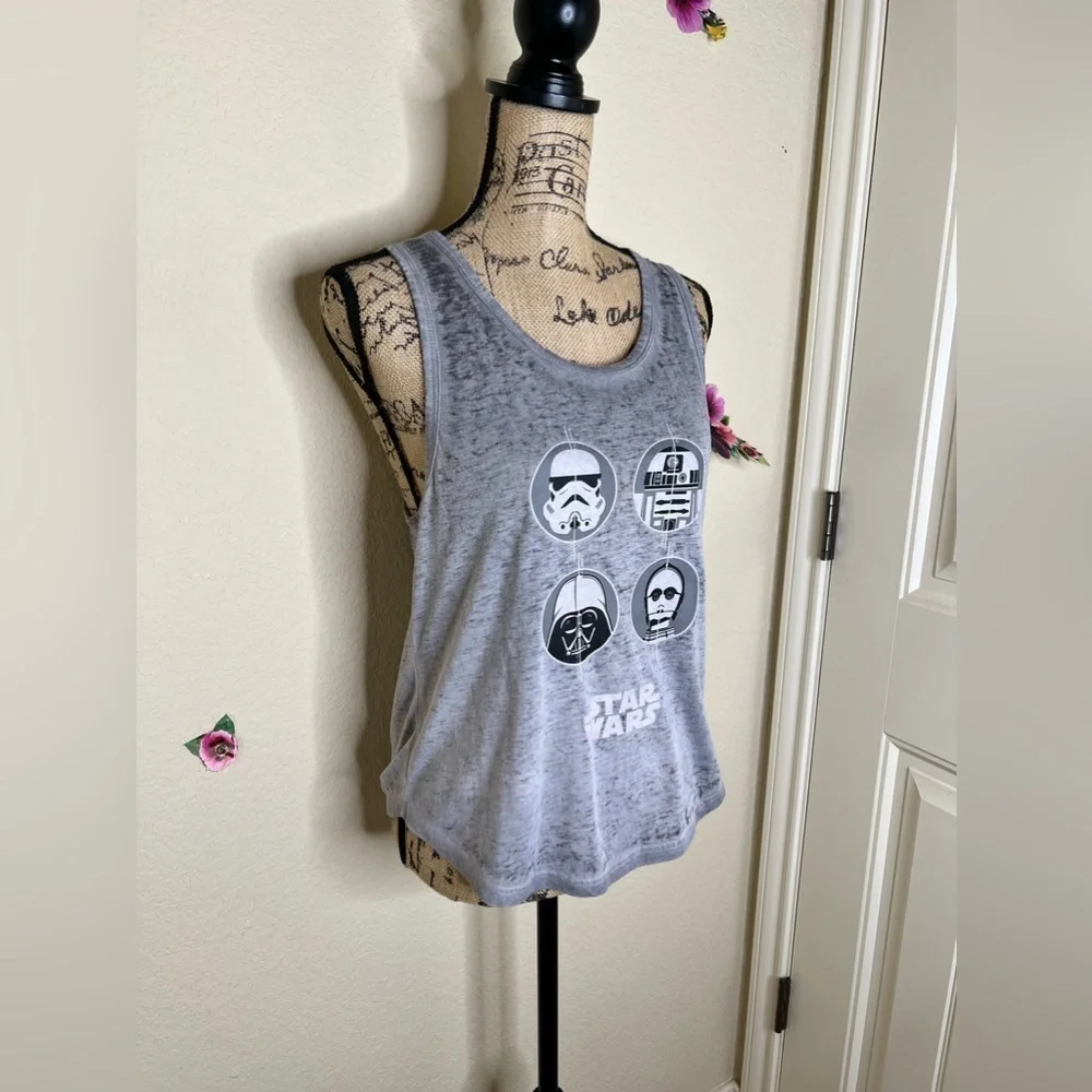 Star Wars Distressed Look Grey Tank Top with Darth Vader, R2-D2, C-3PO Size L